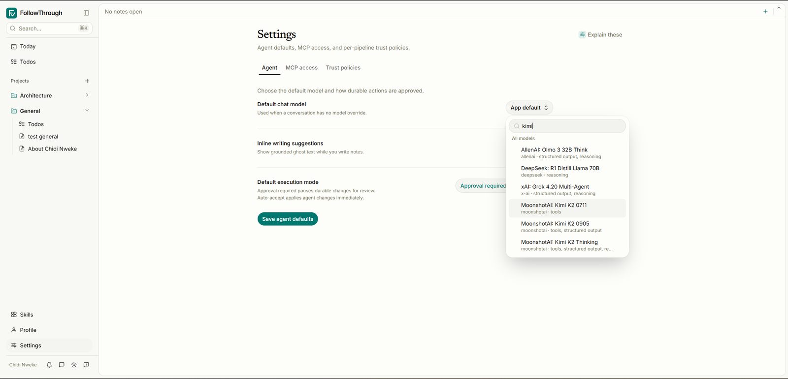 Agent settings: a model picker across providers, approval-required versus auto-accept execution
