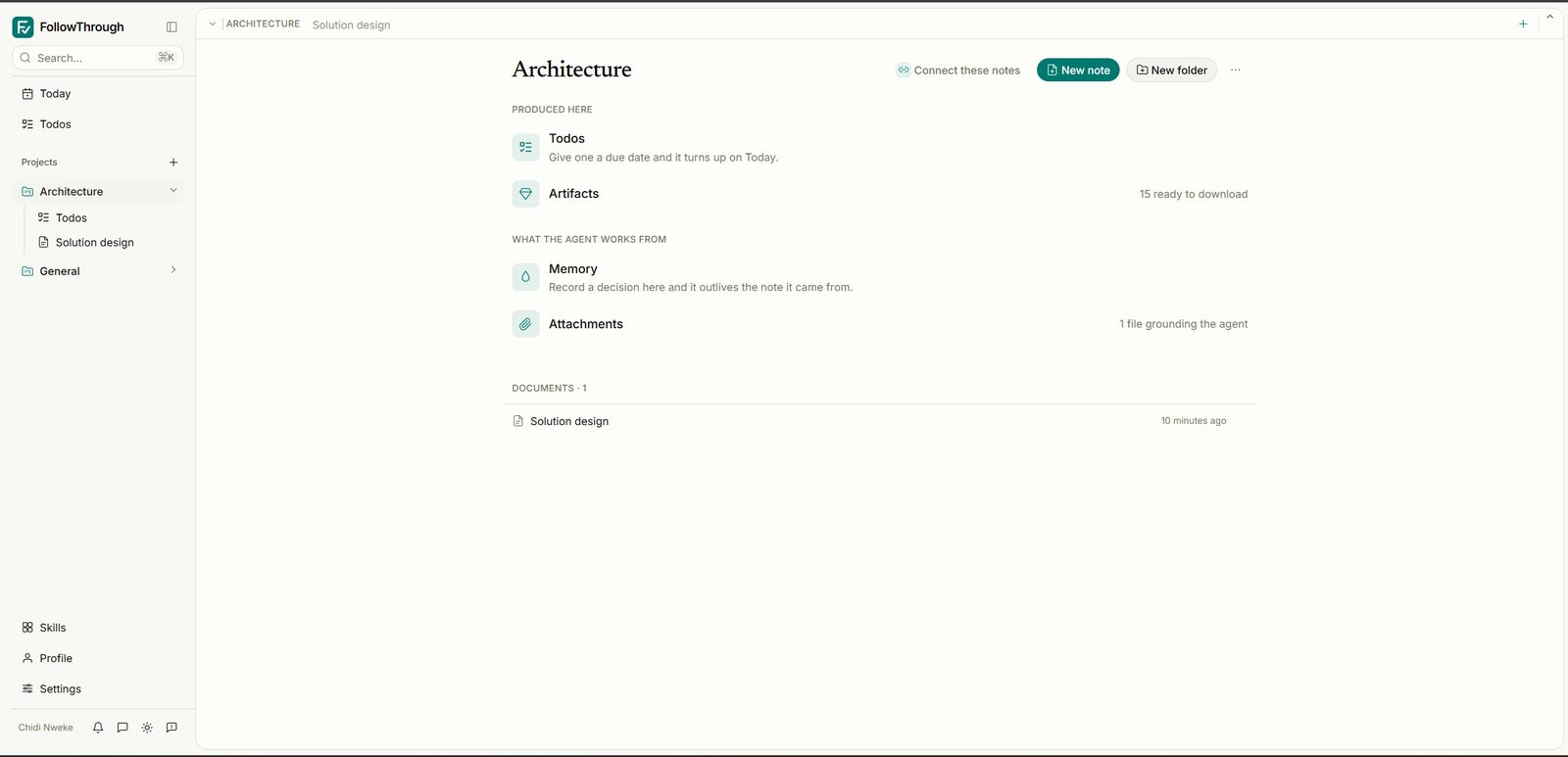 A project page split into what was produced here and what the agent works from: memory, attachments