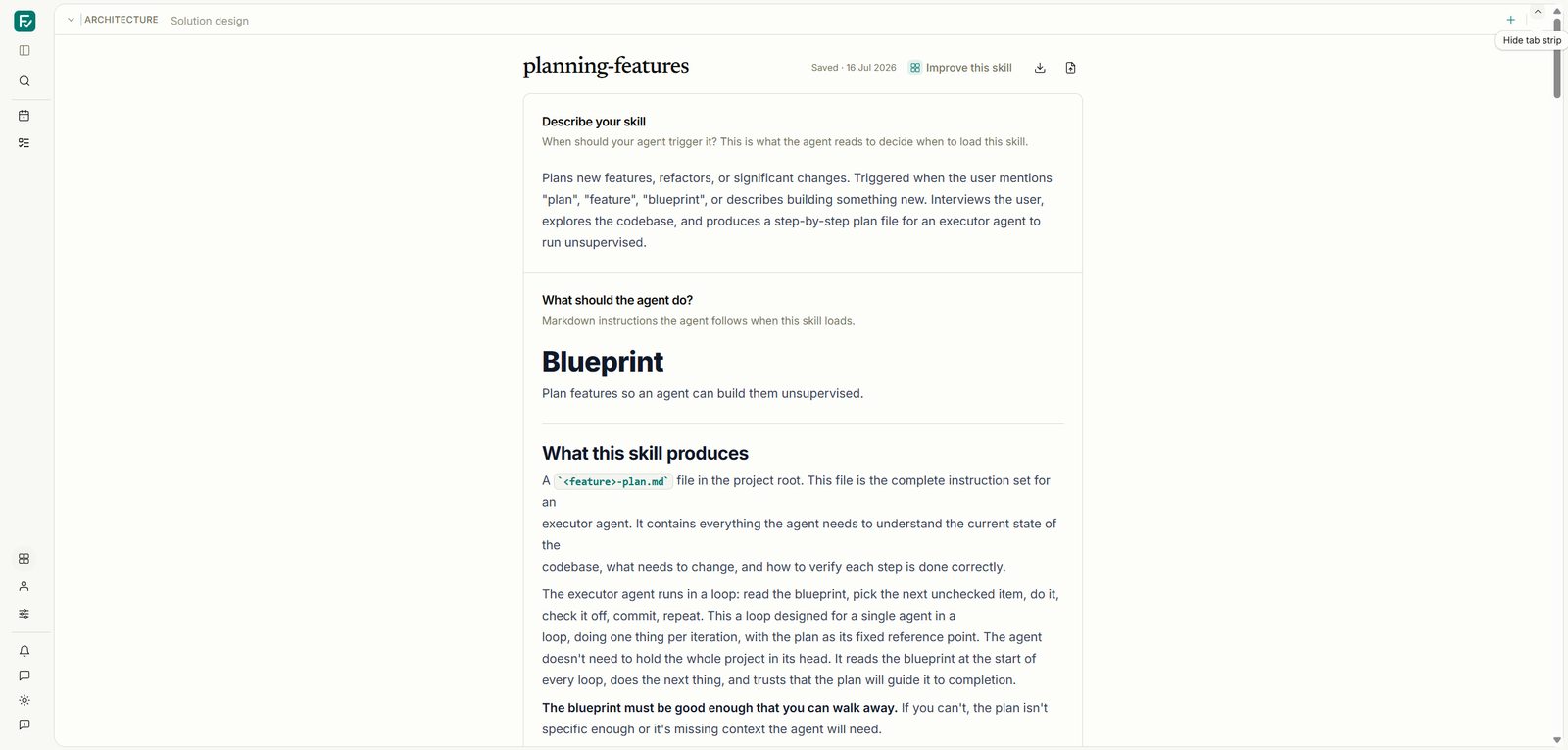 A skill page: when the agent should load it, and the instructions it follows when it does