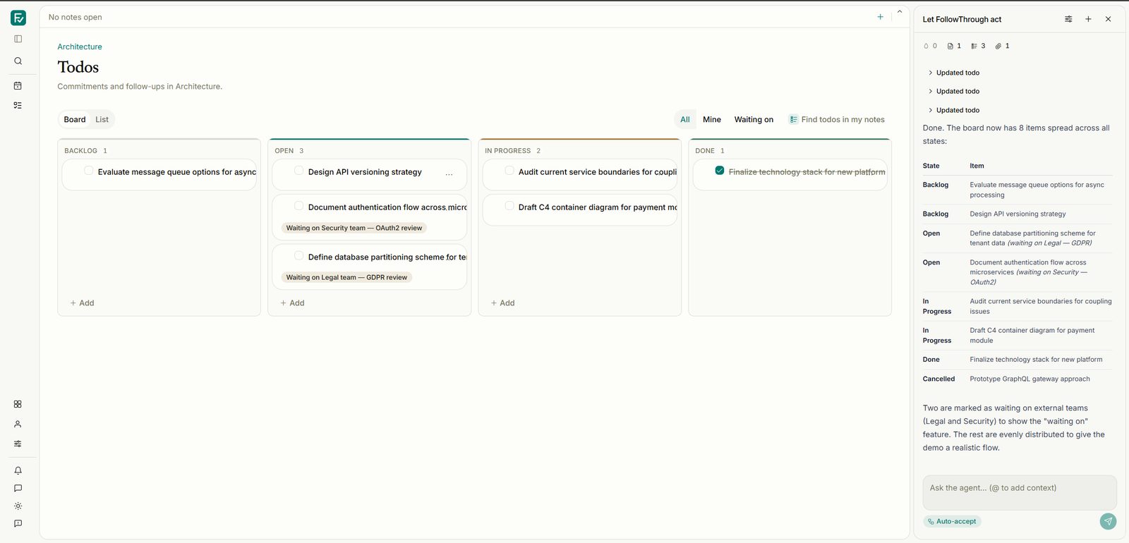 A kanban board of commitments while the agent updates cards and summarises what it changed