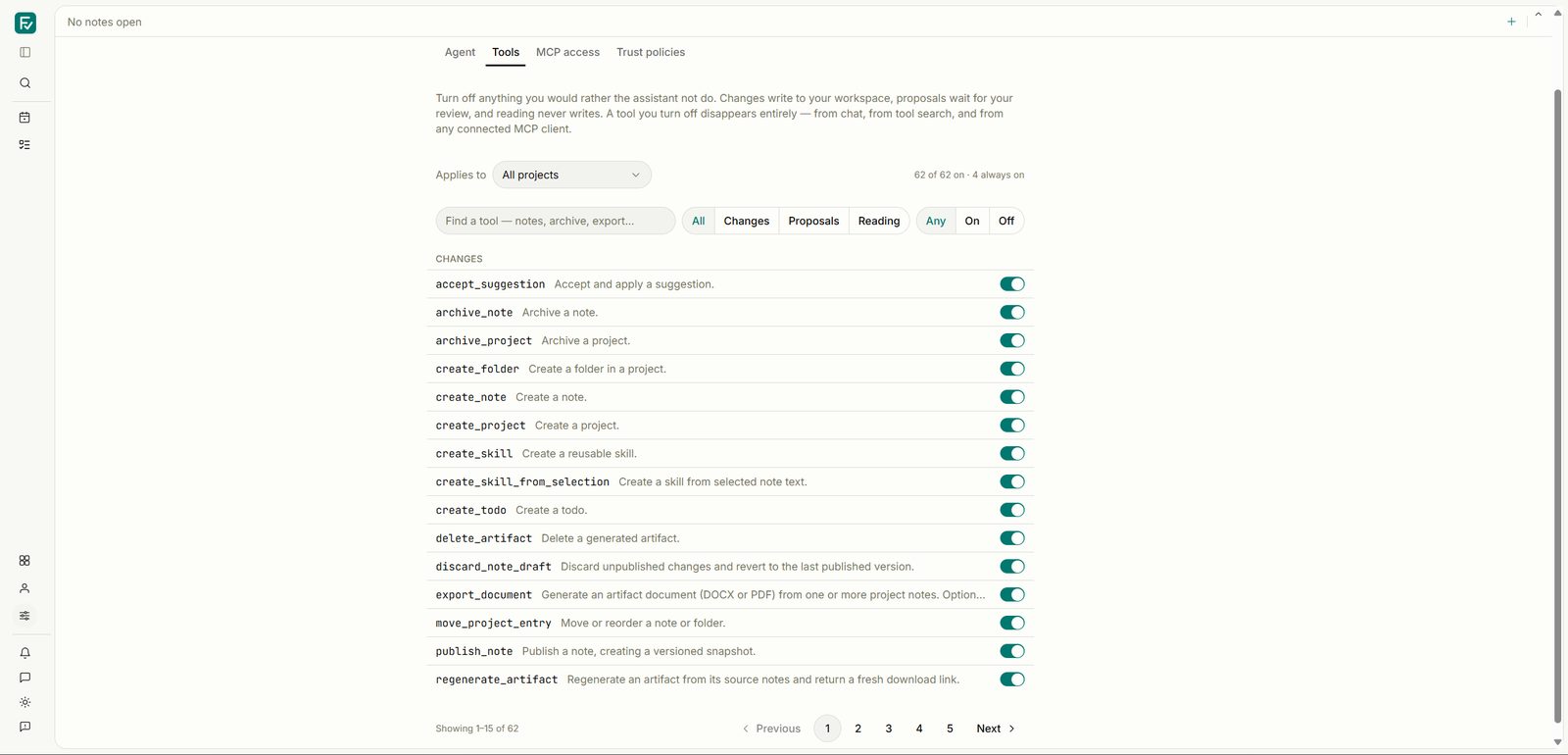 The agent's tool list: every capability with a toggle, filtered by changes, proposals, and reading